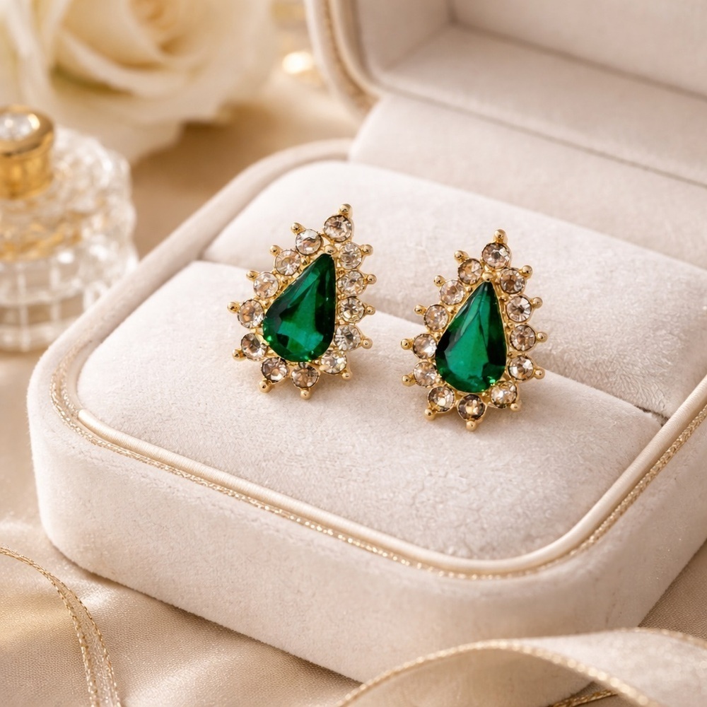 Antique Roman Emerald & Diamond Halo Stud Earrings 18K Gold Tone
